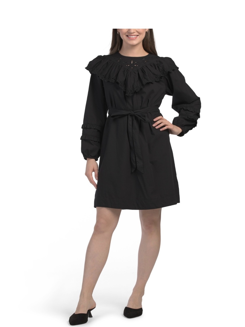 Lea Black Ruffle Yoke Tie-Waist Dress